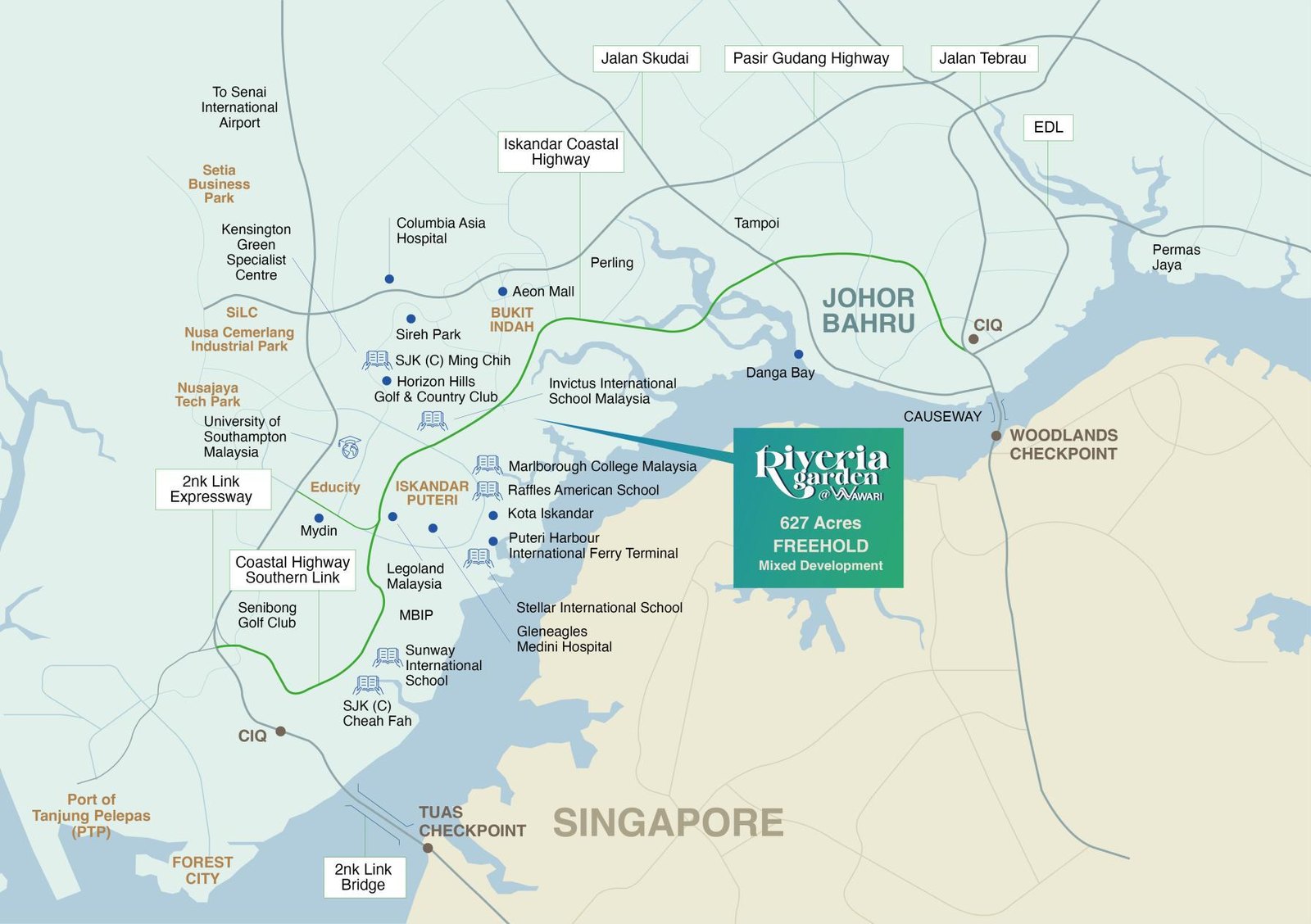 Aerial location map showing ELORA @ Riveria Garden in Iskandar Puteri near CIQ and Tuas Second Link